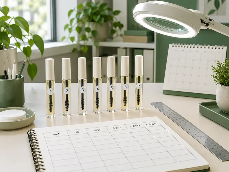 Testaufbau mit nummerierten Serum-Flakons und Bewertungsbogen